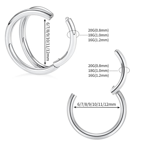 GAGABODY Surgical Steel 2pcs Double Hoop Hypoallergenic Nose Ring Unisex | Seamless Clasp,Used in Nostril,Septum,Lip and All Ear Piercings.22 Gauge to 14 Gauge,a Secure Fit Inner Diameter 6mm to 12mm - color: Silver-Single&Double Hoop, size: 16G-7/16"(11m