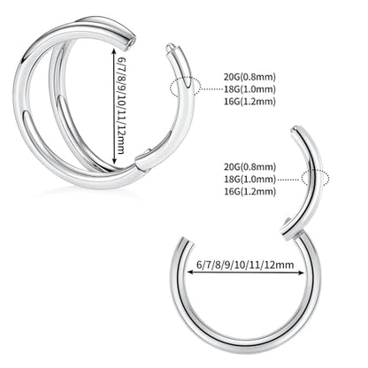 GAGABODY Surgical Steel 2pcs Double Hoop Hypoallergenic Nose Ring Unisex | Seamless Clasp,Used in Nostril,Septum,Lip and All Ear Piercings.22 Gauge to 14 Gauge,a Secure Fit Inner Diameter 6mm to 12mm - color: Silver-Single&Double Hoop, size: 16G-7/16"(11m