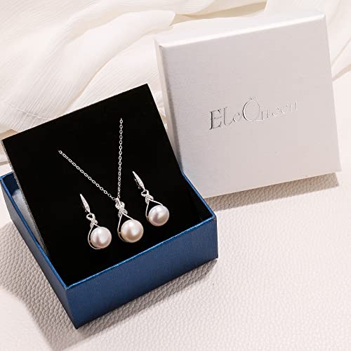 EleQueen 925 Sterling Silver CZ Freshwater Cultured Pearls Bridal Pendant Necklace Earrings Wedding Jewelry Sets, Valentine's Day/Mother's Day/Christmas Gift - style: Pearl Necklace Leverback Earrings
