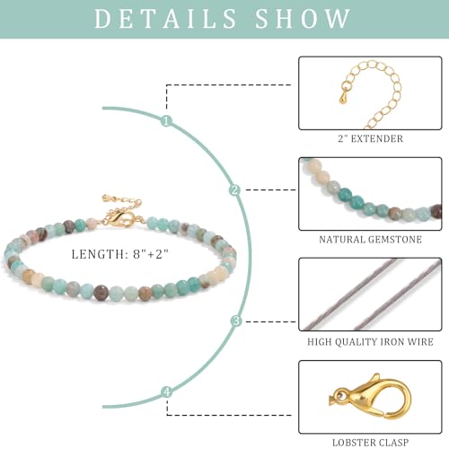 Natural Stone Beaded Anklets for Women, Handmade Boho Clear Quartz 4mm Crystal Beads Anklet, Gold Chain Adjustable Ankles Bracelet, Beach Summer Jewelry Gemstone Foot Bracelet Gift - color: Amazonite