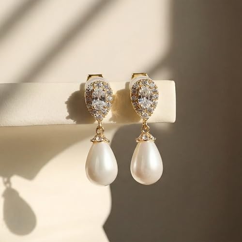 Mariell Pearl Bridal Wedding Drop Earrings with CZ Crystals for Brides, Bridesmaids, Birthday Gift - color: Gold - Clear Cubic Zirconia