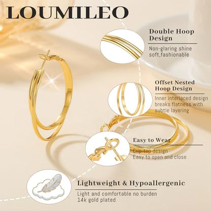 LOUMILEO 14k Gold Plated 925 Sterling Silver Post Double Hoop Earrings Hypoallergenic Lightweight Thin Large Hoop Earrings for Women 25/30/40/50/60mm - color: gold-40mm