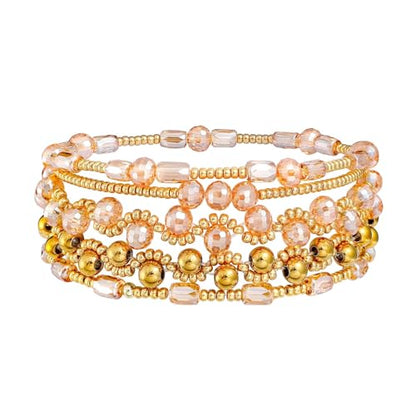 Dainty Gold Plated Pearl Crystal Beaded Bracelets Set for Women 14K Gold Plated Bead Pearl Beads Bracelet Stackable Paperclip Link Chain Bracelets Gold Plated Bracelets for Women Trendy Jewelry - color: Style5-3 Champagne gold