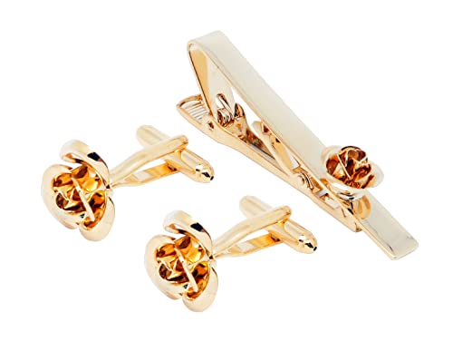 Unique Rose Flower Cufflinks and Tie Clip Set for Men Regular Necktie | Silver/Golden/Black Men's Tie Pin and Cuff Links for Wedding Party Daily Office Formal Casual Business Tuxedo Dress Accessory - style: 14K Gold Plated Cufflinks Tie Pin Set