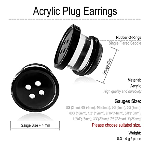2Pcs Acrylic Plug Gauges for Ears Women Men Black White Button Plug Earrings, Single Flared Saddle Stretching Gauge Tunnels Expanders, Four Hole Button Piercing Plugs with Rubber O-Rings 8G to 1 Inch