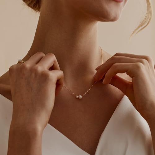 Pearl Necklace for Women, Dainty Pearls Choker Necklace for Women 14K Gold Plated Layered Pendant Necklace Handmade Gold Chain Necklace Everyday Jewelry Gift - color: Two Pearls