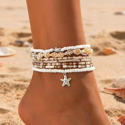 Nanafast Beaded Boho Anklets for Women, Beachy Shell Anklets for Women, Puka Shell & Starfish Charms Beach Jewelry Adjustable - color: 7PCS