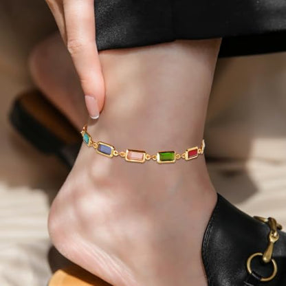 18K Gold Plated Anklet for Women Multicolor Crystal Ankle Bracelets Boho Adjustable Chain Anklets - color: Large Rectangle