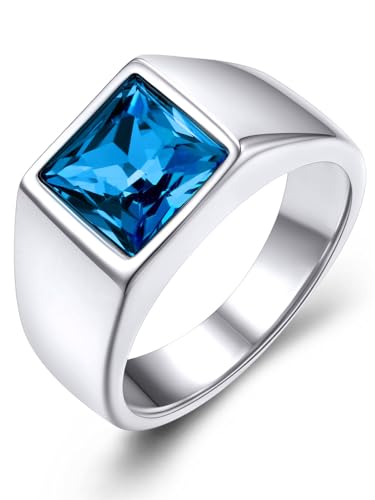 KeyStyle Square Gemstone Signet Rings for Men, Personalized Stainless Steel Pinky Ring with Black Onxy Blue Topaz Birthstone Statement Ring - color: 316L Stainless Steel- Blue Topaz-8mm
