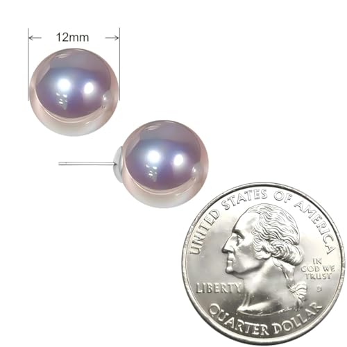 Grey Faux Pearl Stud Earrings, S925 Silver Posts Hypoallergenic for Women - color: Pinkish Grey, size: 12mm
