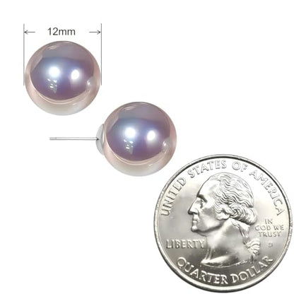 Grey Faux Pearl Stud Earrings, S925 Silver Posts Hypoallergenic for Women - color: Pinkish Grey, size: 12mm
