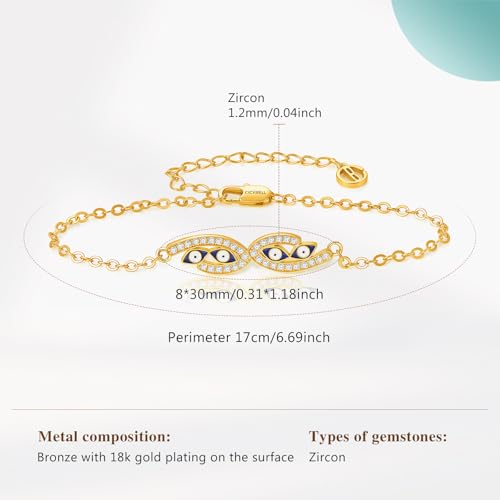 Cicy Bell Evil Eye Bracelets 18k Gold Plated Adjustable | Turquoise，Zirconia Link, Trendy Jewelry Gift for Women, 15.9" with 1.9'' Extender - color: F-Gold