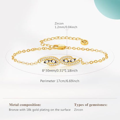 Cicy Bell Evil Eye Bracelets 18k Gold Plated Adjustable | Turquoise，Zirconia Link, Trendy Jewelry Gift for Women, 15.9" with 1.9'' Extender - color: F-Gold