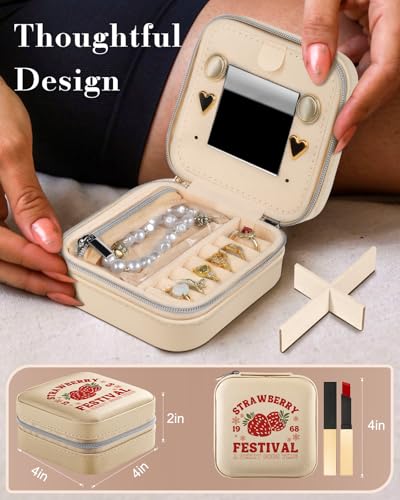 Bistup Travel Jewelry Case - Small Jewelry Organizers and Storage Box for Women Girls Teens Cute Traveling Jewelry Holder with Mirror Little Tiny Compact Strawberry Modern Unique Aesthetic Pretty - style: Strawberry