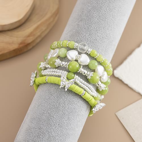Besydec Stackable Boho Beaded Bracelets With Natural Stone & Pearl Heart & Clay Beads for Women,Adjustable Silver Jewelry - color: Green