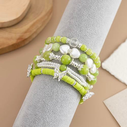 Besydec Stackable Boho Beaded Bracelets With Natural Stone & Pearl Heart & Clay Beads for Women,Adjustable Silver Jewelry - color: Green