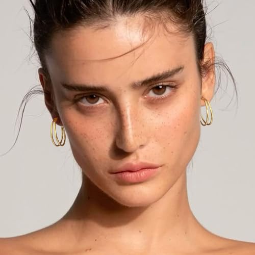 Large Thin Double Hoop Earrings for Women Lightweight Hypoallergenic 925 Sterling Silver Post 14K Gold Hoops Non Tarnish Sturdy Big Thin Double Layered Hoop Earrings 30/40/50/60mm - color: Gold, size: 20mm