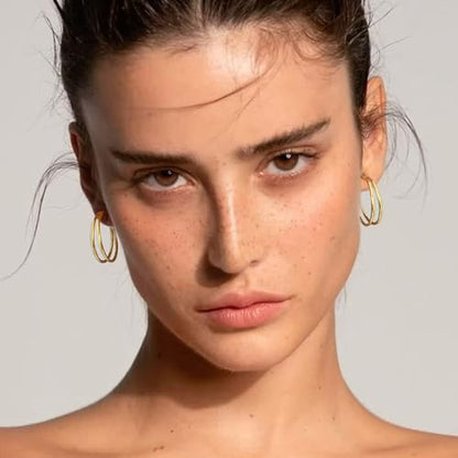 Large Thin Double Hoop Earrings for Women Lightweight Hypoallergenic 925 Sterling Silver Post 14K Gold Hoops Non Tarnish Sturdy Big Thin Double Layered Hoop Earrings 30/40/50/60mm - color: Gold, size: 20mm