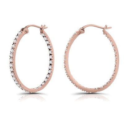Hoops & Loops 925 Sterling Silver Cubic Zirconia Inside Out Oval Hoop Earrings for Women, 20mm 25mm 30mm - color: 25mm-Rose Gold