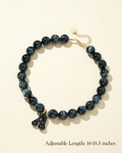 DoDoBeads Chunky Colorful Beaded Initial Necklace, Bubble Letter Choker | Gift box and dust pouch included; waterproof and sweat-resistant with real gold plated stainless steel hardware - color: Black-A