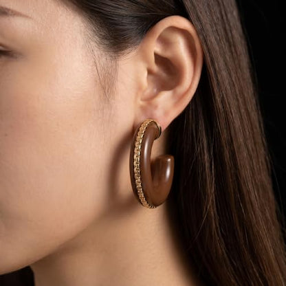 Gold Plated Resin Chunky Hoop Earrings Hypoallergenic Push Back Hoops for Sensitive Ears - color: Chocolate Brown