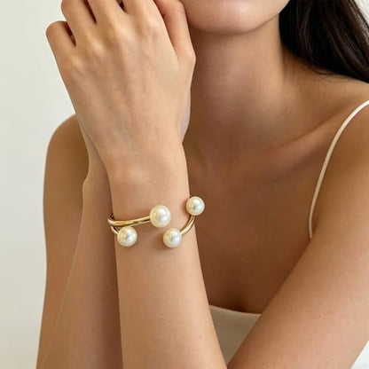 Pearl Bangle Bracelet for Women Chunky Gold Bangle Opened Bracelet Minimalist Cuff Bracelet for Women
