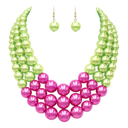 Rosemarie & Jubalee Women's 3 Colorful Multi Strands Simulated Pearl Necklace And Earrings Jewelry Gift Set, 18"+3" Extender - color: Green With Fuchsia Pink Gold Tone