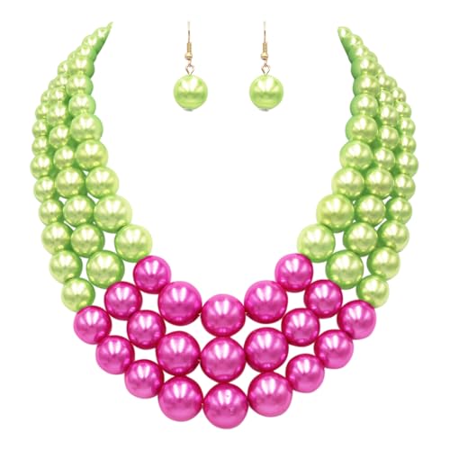 Rosemarie & Jubalee Women's 3 Colorful Multi Strands Simulated Pearl Necklace And Earrings Jewelry Gift Set, 18"+3" Extender - color: Green With Fuchsia Pink Gold Tone