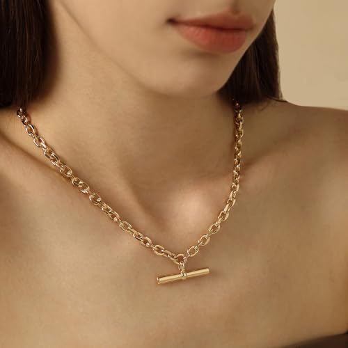 COBI T Bar Necklace for Women, Circle Pendant Necklaces,Gold Tone Finished Four Leaf Clover | Link Chain Necklace with T-Bar Charm, Adjustable 17"/18"+2" Jewelry Gift - color: Gold, style: T-Bar