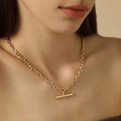 COBI T Bar Necklace for Women, Circle Pendant Necklaces,Gold Tone Finished Four Leaf Clover | Link Chain Necklace with T-Bar Charm, Adjustable 17"/18"+2" Jewelry Gift - color: Gold, style: T-Bar