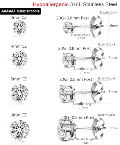 Stainless Steel Stud and Hoop Earrings Sets for Ear Stacks | Choose gold or silver pearl studs, CZ studs, flat backs, butterfly backs, hoops and multi-pair ear stack sets. - color: 4 Pairs 20G Silver