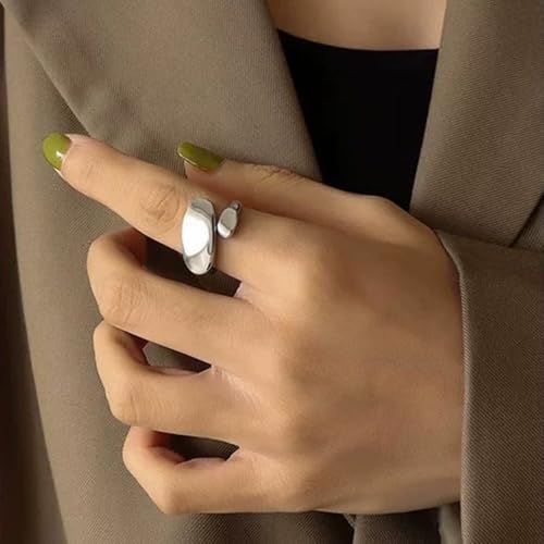 Irregular Polished Plain Rings Adjustable Oval Statement Ring For Women Chunky Open Finger Ring Fashion Minimalist Engagement Promsie Gifts - color: Silver