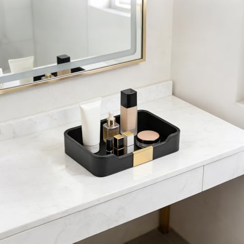 Luxury Leather Valet Tray Desktop Storage Organizer,Bedside Vanity Catchall Tray Nightstand Caddy Holder for Cosmetic,Jewelry,Watch,Keys,Phone,Wallet,Remote Controller,Pen,Black - color: Black