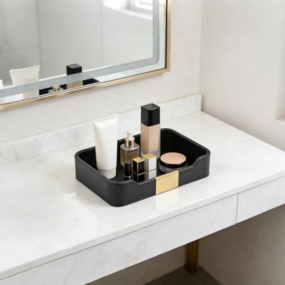 Luxury Leather Valet Tray Desktop Storage Organizer,Bedside Vanity Catchall Tray Nightstand Caddy Holder for Cosmetic,Jewelry,Watch,Keys,Phone,Wallet,Remote Controller,Pen,Black - color: Black