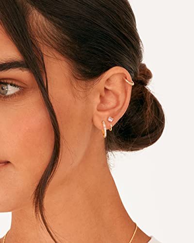 PAVOI 14K Gold 925 Sterling Silver Huggie Half Hoop Earrings for Women | Tiny Boho Colored Cartilage Earring | Blue, Green, Amethyst, Garnet, Black CZ, Turquoise, Opal, Pearl - style: Amethyst