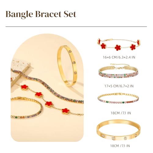 18 K Gold Plated Love Bangle Bracelet Stack for Women,Set of 4 Floral Clover Chain, Tennis Crystal &Gold Stackable Bangle Bracelet -Adjustable Layered Jewelry Gift for Wife Valentines Mother's Day-MVCOLEDY - color: Red Coloured CZ