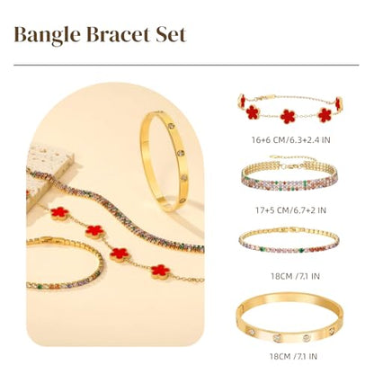 18 K Gold Plated Love Bangle Bracelet Stack for Women,Set of 4 Floral Clover Chain, Tennis Crystal &Gold Stackable Bangle Bracelet -Adjustable Layered Jewelry Gift for Wife Valentines Mother's Day-MVCOLEDY - color: Red Coloured CZ