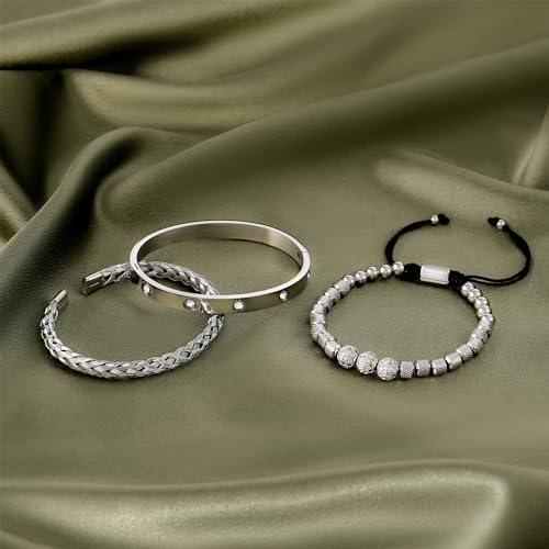 WFYOU 3PCS Stainless Steel Imperial Crown Bracelets for Men Gold Roman Numeral Bangle Bracelet Adjustable Cuff Bracelet Mens Luxury Jewelry Gifts - style: 11:Silver-Ball CZ