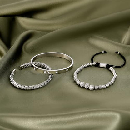 WFYOU 3PCS Stainless Steel Imperial Crown Bracelets for Men Gold Roman Numeral Bangle Bracelet Adjustable Cuff Bracelet Mens Luxury Jewelry Gifts - style: 11:Silver-Ball CZ
