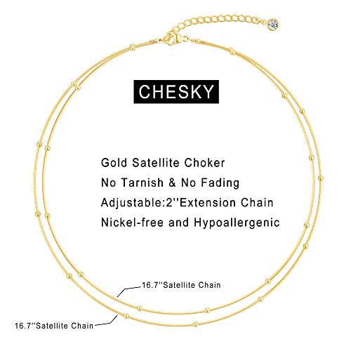 CHESKY 14K Gold Plated Silver Dainty Satellite Choker Necklace for Women | Layered Beaded Chain Necklace, Thin Choker Jewelry, Dainty Gold necklace, Minimalist Trendy Jewelry, Daily Gift for Women - style: 2layerSatellite-GD