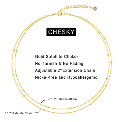 CHESKY 14K Gold Plated Silver Dainty Satellite Choker Necklace for Women | Layered Beaded Chain Necklace, Thin Choker Jewelry, Dainty Gold necklace, Minimalist Trendy Jewelry, Daily Gift for Women - style: 2layerSatellite-GD