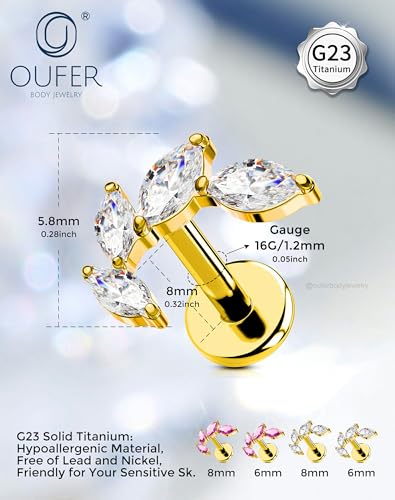 OUFER Body Piercing Titanium Helix Piercing Jewelry 16G Leaf Helix Earrings for Women Internally Thread Conch Helix Stud Flat Back Cartilage Earrings Surgical Steel Gold Cartilage Piercing Jewelry - color: clear CZ, size: 1.2*8mm