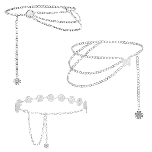 3 Pcs Gold Chain Belt for Women, Adjustable Waist Chain with Clover Butterfly Disc Pendants, Body Jewelry, Boho Belts for Women, Summer Beach Party - color: Silver