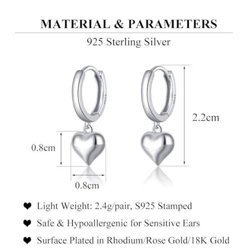 SLUYNZ Solid 925 Sterling Silver 8MM Fat Heart Hoop Earrings for Women Teens Sweet Love Hoop Earrings Huggie - color: A-Sterling Silver
