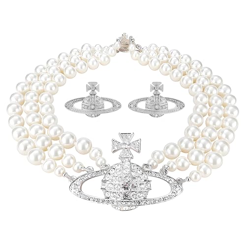 Dreuyet Saturn Pearl Necklace and Earrings Set Crystal Planet Earrings Dainty Artificial Pearl Choker Necklace Charm Gifts for Mum Wife Wedding Birthday Anniversary - color: 3 Layered Pearl Silver