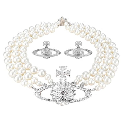 Dreuyet Saturn Pearl Necklace and Earrings Set Crystal Planet Earrings Dainty Artificial Pearl Choker Necklace Charm Gifts for Mum Wife Wedding Birthday Anniversary - color: 3 Layered Pearl Silver