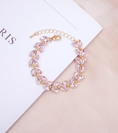 CSY Elegant Bridal Jewelry Sets Wedding Prom Homecoming Gown Accessories | Austrian Marquise Crystal Wedding Necklace Dangle Earrings Tennis Bracelet Ring Set for Bride Women Costume Accessories - color: light pink - gold tone