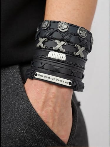 8Pcs Punk Leather Bracelet Set for Men & Women, 6Pcs Braided PU Cuffs, Necklace & Keychain, Adjustable, Stackable - style: Skull