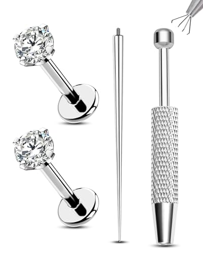 2PCS 20G/18G/16G Titanium Flat Back Nose Studs Internally Thread Cartilage Earring Studs Clear CZ Helix Tragus Earrings for Women Medusa Labret Stud Conch Piercing Jewelry Hypoallergenic - size: 1.2*7mm