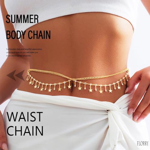 Florry Rhinestone Belly Chain Sequin Waist Chain Bikini Body Jewelry Chains Beach Belly Chain for the Waist Tassel Layered 18K Gold Body Chains for Women - color: Star